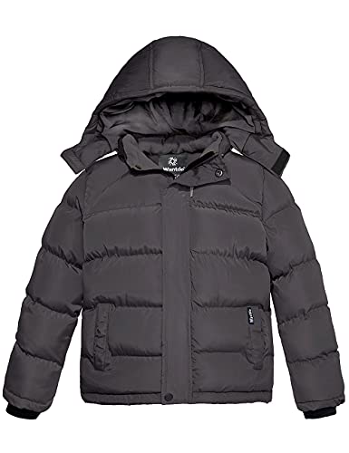 wantdo Boys Puffy Winter Coats Fleece-Lined Snow Jackets Removable Hood | Elastic Cuffs, Hook-and-Loop Collar, Windproof, Machine Washable - color: Dark Gray, size: 6-7