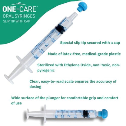 ONE-CARE 3ml Oral Syringe with Cap - Sterile, Individually Wrapped - 100 Syringes, Slip Tip, Uses include oral administration of medicine for infants, adults and animals (Pack of 2) - size: 3ml (Pack of 2)
