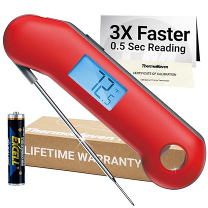 ThermoMaven ProfessionaI Meat Thermometer Digital, 3X Faster 0.5 Sec Instant Read, NIST Certified Accuracy ±0.5°F, 100% Waterproof Probe, Auto-Rotate Bright Indicator, for Candy/Grill/BBQ, Red & Gray