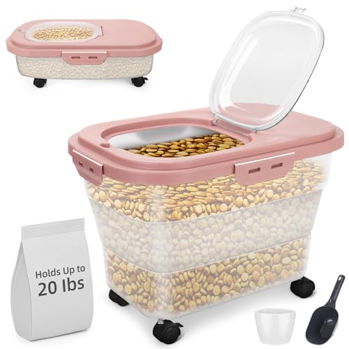 Airtight Pet Food Container, Collapsible Dog Food Storage Container 17-20 lb with Castors, Plastic Dog Food Bin with Pet Food Scoop & Measuring Cup for Dry Food Storage(red) - color: Red