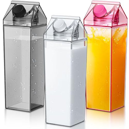 Remerry 3 Pcs Milk Carton Water Bottle Square Plastic Coffee Portable Reusable Milk Carton Cup Leakproof Juice Bottle - color: Pink Black Clear, size: 34 oz