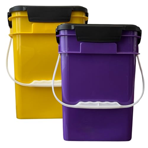 House Naturals 4 Gallon Square Food Grade Plastic Bucket with Lid, Made in USA (Pack of 2) BPA Free (Yellow/Purple) - color: Yellow/Purple