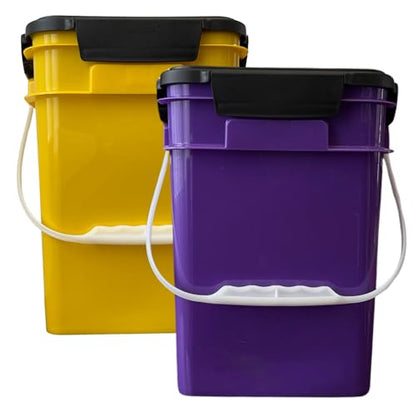 House Naturals 4 Gallon Square Food Grade Plastic Bucket with Lid, Made in USA (Pack of 2) BPA Free (Yellow/Purple) - color: Yellow/Purple