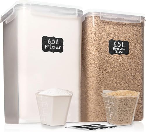 WHITE FEATHER SUPPLIES 2 PC [7 Qt / 6.5L / 220 Oz] Large Food Storage Containers with Lids Airtight - BPA Free Clear Plastic Kitchen and Pantry Storage Containers for Cereal, Flour, Sugar, Rice - color: White - 2 Pack