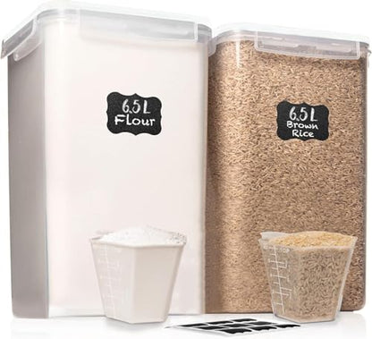 WHITE FEATHER SUPPLIES 2 PC [7 Qt / 6.5L / 220 Oz] Large Food Storage Containers with Lids Airtight - BPA Free Clear Plastic Kitchen and Pantry Storage Containers for Cereal, Flour, Sugar, Rice - color: White - 2 Pack