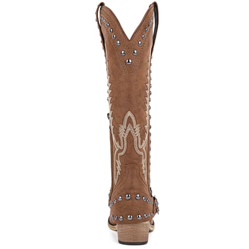 Yolkomo Cowboy Boots for Women Knee High Western Cowgirl Boots with Embroidery Belt Buckle Chains - color: Brown, size: 9