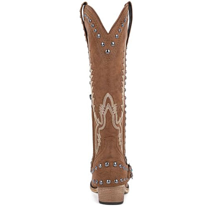 Yolkomo Cowboy Boots for Women Knee High Western Cowgirl Boots with Embroidery Belt Buckle Chains - color: Brown, size: 7