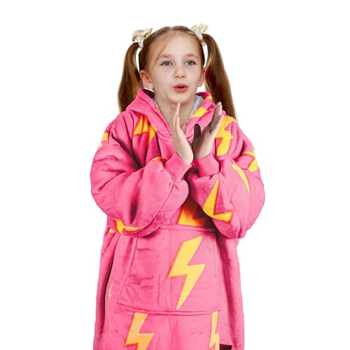 Solaris Thunder Lightning Kids Wearable Blanket Hoodie - Cozy Warm Sherpa Fleece Sweatshirt Pullover with Larger Pocket for Teens, Girls, Boys - color: Thunder Pink