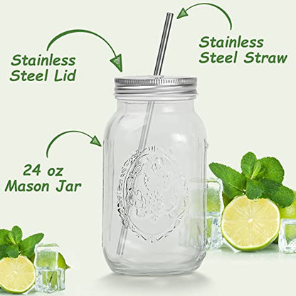 YSJILIDE Smoothie Cups, Glass Mason Drinking Jar, 24oz Smoothie Cups with Lid and Stainless Steel Straw, Drinking Mugs, Tea Cup Travel Mug, Ideal for Juice, Milk (Pack Of 2, Clear) - color: WHITE2