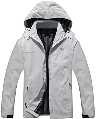 OTU Men's Lightweight Waterproof Hooded Rain Jacket Outdoor Raincoat Shell Jacket for Hiking Travel Light Grey S