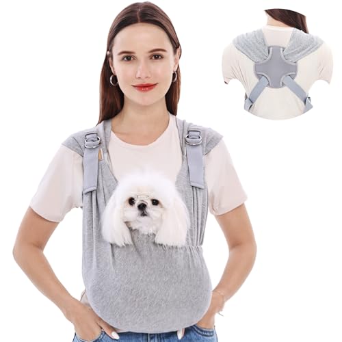 Supet Dog Sling Carrier for Small Pet, 95% Cotton Adjustable Front Backpack | Hands-Free Anti-Anxiety Chest Pouch, Reduces Back & Neck Pain Soft Bag, Fit Small Dogs, Cats, Puppy (Grey Regular 0-7Lbs) - color: Grey, size: Plus (5-12 LBS)
