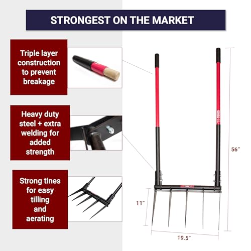 Bully Tools 5-Tine Broadfork, Fiberglass Handles, 56" 10-Gauge Steel Fork | Heavy Duty Broad Fork for Tilling, Aerating and Turning Soil, Useful for Garden Beds and Pavers Base Prep, 100% Made in USA