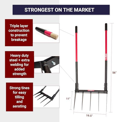 Bully Tools 5-Tine Broadfork, Fiberglass Handles, 56" 10-Gauge Steel Fork | Heavy Duty Broad Fork for Tilling, Aerating and Turning Soil, Useful for Garden Beds and Pavers Base Prep, 100% Made in USA