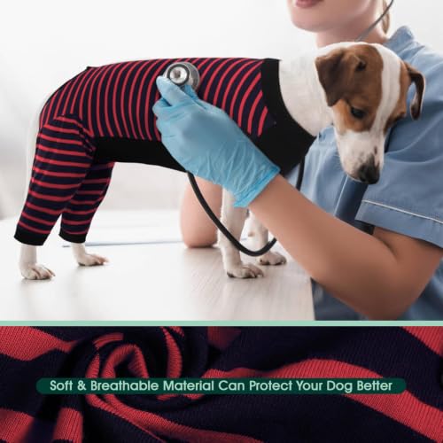 Kuoser Dog Recovery Suit with Anti Licking Rear Leg Sleeve, Red M - color: Red Strips, size: Medium (Back Length: 34cm / 13.38")