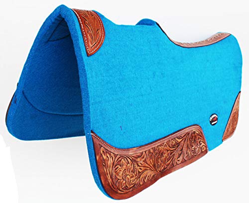 CHALLENGER Horse Saddle PAD Western Contoured Wool Felt Moisture Wicking Saddle Pad 39177 - color: Turquoise Blue Dark Tan Leather