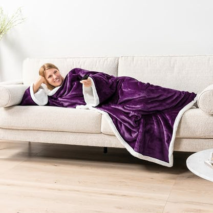 PAVILIA Sherpa Wearable Blanket with Sleeves and Pocket, Plush Thick Cozy Body Blanket Wrap for Adult Women Men, Christmas Gift for Wife Mom, Purple - color: Violet Purple