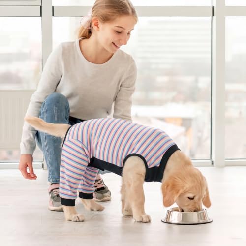 Kuoser Dog Recovery Suit with Anti Licking Rear Leg Sleeve, Purple M - color: Purple Stripes, size: Medium (Back Length: 34cm / 13.38")
