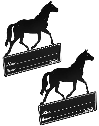 QWORK Horse Stall Name Plate, 2 Pack Heavy Duty Steel Horse Stall Plague, Horse Stall Personalized Signs, All Weather UV Protected, Black