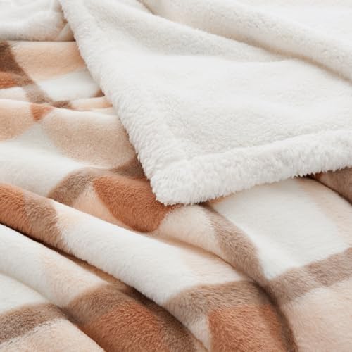 PU MEI Super Soft Faux Rabbit Fur Sherpa Fleece Throw Blanket, Reversible Luxury Cozy Cute Furry Blanket, Plush Warm Shaggy Fluffy Checkered Blankets for Sofa Couch Bed (Beige-Plaid, 60" x 80") - color: Beige-plaid, size: 60"*80"