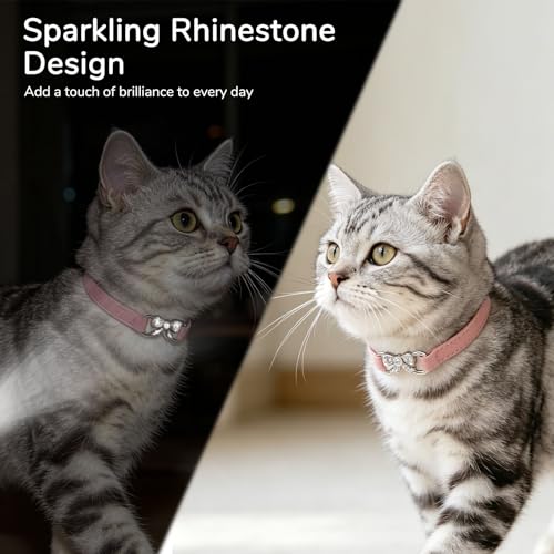 BINGPET Diamond Cat Collar with Bell,Adjustable Kitten Collar,Pink - color: Pink(Bowknot), size: Neck Girth 8"-10"