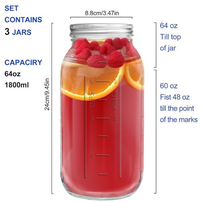 eleganttime 64 oz Mason Jar Wide Mouth 3 Pack,Large Half Gallon Mason Jar with Airtight Lid,Big 1/2 Gallon Big Mason Jars for Canning,Pickling, Fermentation and Preservation - color: 3pcs-64oz