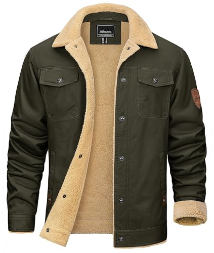 KEFITEVD Men's Winter Fleece Jacket Sherpa Lined Warm Cargo Trucker Coat - color: Army Green, size: Medium