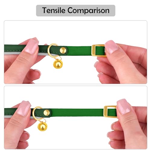 OOPSDOGGY Rolled Leather Cat Collar with Bell - Reflective Kitten Collar with Safety Elastic Strap - Adjustable Small Pet Collars for Boy Girl Cats (Green) - color: Green