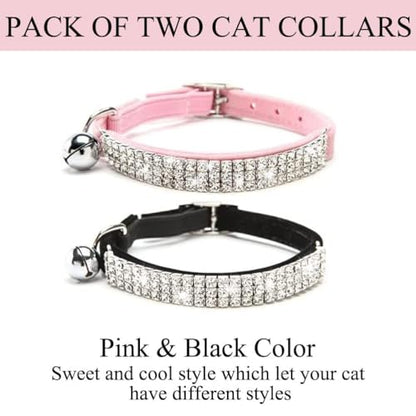 BINGPET Diamond Cat Collar with Bell,Adjustable Kitten Collar, Pink&Black - color: Pink & Black(Rhinestones), size: Neck Girth 8"-10"