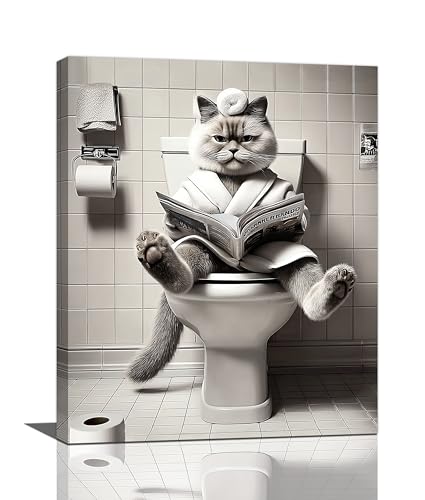 Funny Cat Bathroom Wall Decor Black and White Kitten in Toilet Canvas Wall Art Kitten Picture Print Bathroom Animal Artwork Decorations for Cat Lover Restroom Framed Gifts 16"X20" - color: Bathroom Cat, size: 20"L x 16"W