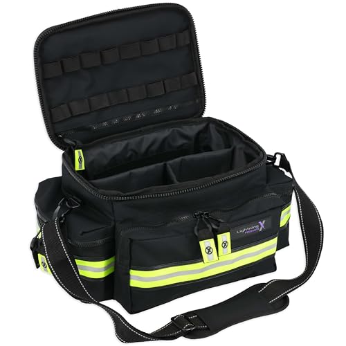 Lightning X Medium First Responder EMT Bag | LXMB25 | w/Reflective, Shoulder Strap & Zippered Compartments for First Aid + Trauma Supplies - Black - color: Black