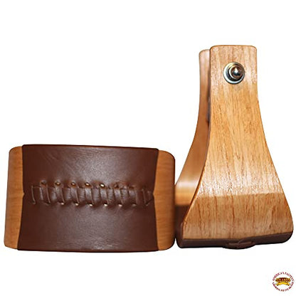 HILASON Oakwood Horse Saddle Stirrups Pair W/Leather Bottom Western | Aluminum Wooden Endurance Angled Padded