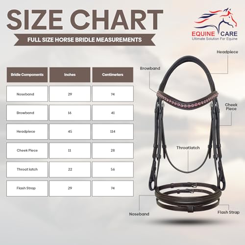 Equine Care English Horse Bridle with Reins, Padded, 6 Browband Styles - color: Havana Brown - Pink Crystal