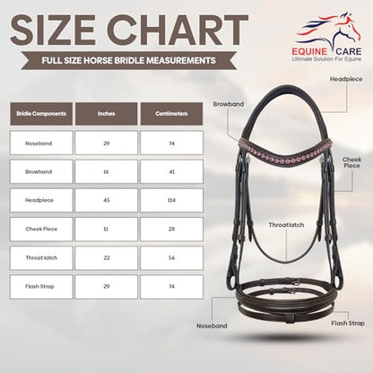 Equine Care English Horse Bridle with Reins, Padded, 6 Browband Styles - color: Havana Brown - Pink Crystal