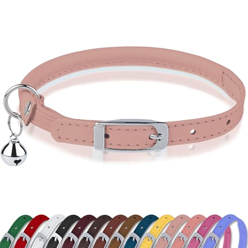 OOPSDOGGY Rolled Leather Cat Collar with Bell, Reflective Kitten Collars with Buckle Include Safety Elastic Strap - Adjustable Small Pet Collars for Boy Girl Cats (Blush) - color: Blush