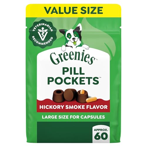 Greenies Pill Pockets Large Size Dog Treats, Hickory Smoke, 15.8 oz | Capsule size, hickory smoke flavor, masks medicine odor, low calorie, stress-free, Dog Treat Pouch for Capsule Medication - size: 60 Count (Pack of 1)