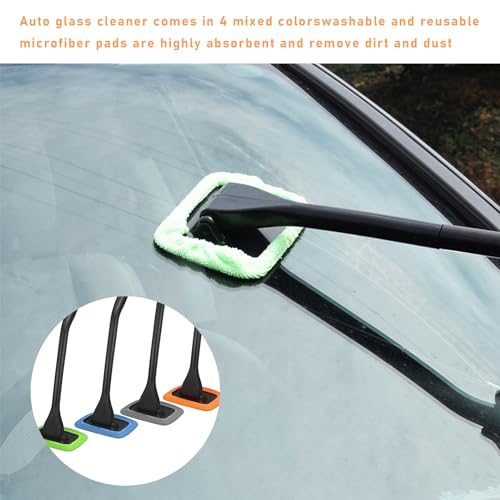 Ohleats Car Windshield Cleaning Tool, Microfiber Window Cleaner with 4 Washable and Reusable Cloth Pad & Long Handle, Auto Glass Wiper Cleaning Kit with Spray Bottle, Car Accessories - size: 6×4 inches
