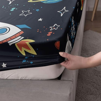 Space Ship Galaxy Sheets Set 4Pcs for Kids,Astronaut Space Rocket Printed Sheet Set with 1 Flat Sheet and 1 Fitted Sheet + 2 Pillowcases(Space-2 Full) - color: Space-2, size: Full 81x97 inches