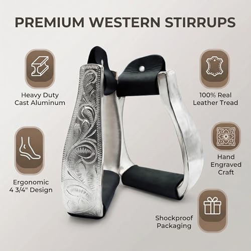 Western Horse Stirrups Heavy Duty Cast Aluminum 4.9" Hand Engraved Polished Real Leather Tread for Equestrian Riding, Brown/Black - color: Black