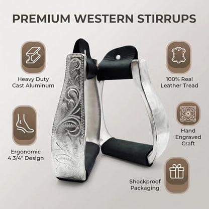 Western Horse Stirrups Heavy Duty Cast Aluminum 4.9" Hand Engraved Polished Real Leather Tread for Equestrian Riding, Brown/Black - color: Black