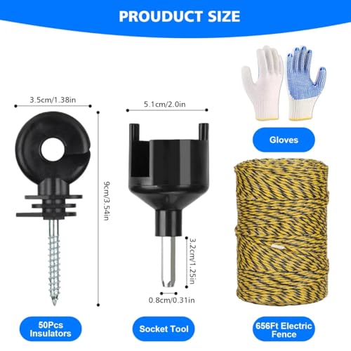 Electric Fence Wire Kit - Upgraded 660 Feet 9 Strands Electric Fence Polywire with Reliable Conductivity & Rust Resistance - 50 Pcs Electric Fenceing Insulator with 1 Pcs Socket Tool & Gloves - color: 656FT-KIT
