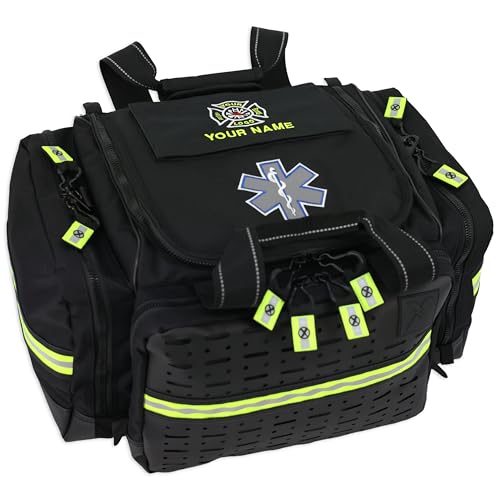 Lightning X Personalized EMT Trauma Bag – Large ALS Medical Bag with 6 Color-Coded Pouches, MOLLE Panel, Waterproof Bottom, Reflective EMS Gear, Custom Embroidered Name or Logo | LXMB35 - color: Black