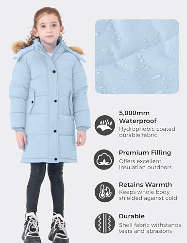 wantdo Girls' Waterproof Winter Coat Long Puffer Jacket Warm Parka Hooded - color: Blue, size: 6-7