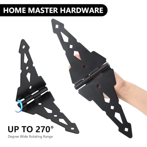 HOME MASTER HARDWARE 8" Heavy Duty Gate Hinges, 6 Pack Strap Hinges, Black | Decorative Door Hinges for Wooden Fences, Barn and Shef, Rotate 270 Degrees, 50LBS Capacity, Included Screws, Steel