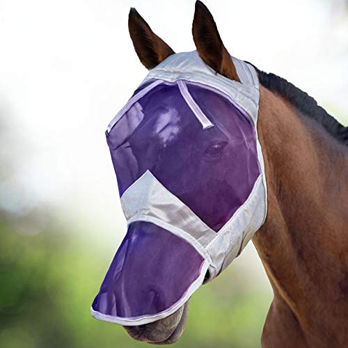 Harrison Howard CareMaster Thick Fleece Padding Translucent Fine Mesh Horse Fly Mask Full Face No Ears Silver/Purple Retro Medium Cob - color: Silver/Purple, size: Cob (Medium)