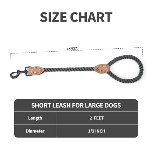 Mile High Life Dog Leash Braided Cotton Rope with Leather-Reinforced Ends - color: Dark Grey, size: 18 Inch-1/2"