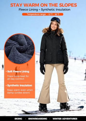Wantdo Women's Waterproof Ski Jacket Windproof Winter Snow Coat Mountain Snowboarding Jackets Outdoor Fleece Parka - color: Black, size: Medium