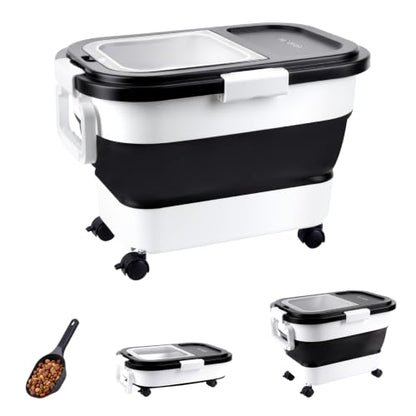 Dog Food Storage Container 15-25lbs, Airtight Pet Food Bin with Locking Lid & Clear Window, Collapsible Rolling Storage Container with Wheels & Scoop, Black - color: Black-M