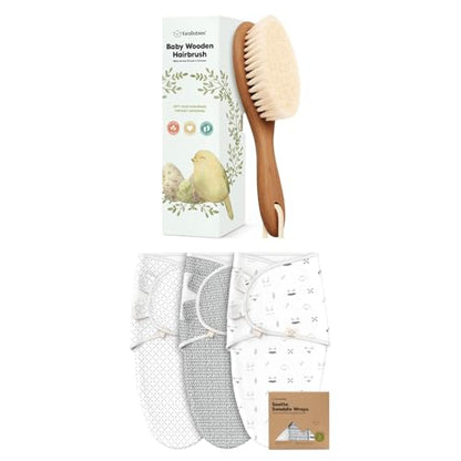 KeaBabies Baby Hair Brush and 3-Pack Baby Swaddle Sleep Sacks - Kids Hairbrush with Soft Goat Bristles - Newborn Swaddle Sack - Newborn Cradle Brush Set