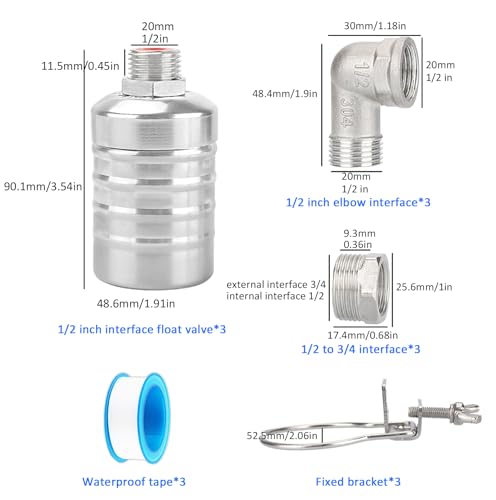 Automatic Water Float Valve, 1/2 to 3/4 Inch Connection Types, Stainless Steel 304 Fully Automatic Water Shut off Float Valve for Water Tank, Pool, Livestock Trough (2 Pack)