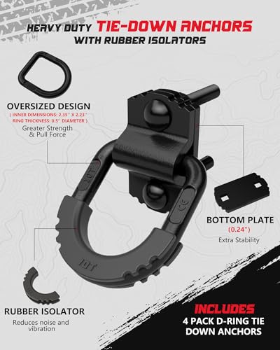 D-Ring Tie Down Anchors with Rubber Isolators, 4 Pack Heavy Duty 10 Ton Capacity Carbon Steel, Bolt-On with Mounting Hardware, Zinc & Powder Coated for Trailer, Truck, Pickup, Garage-Black - color: Black